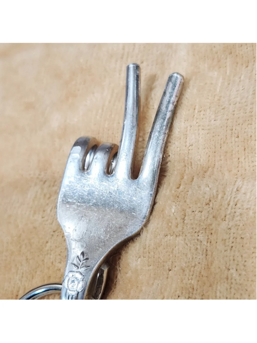 Silverware Art Fork Keychain Peace Sign Hand Gesture Unique Hand Sculpted